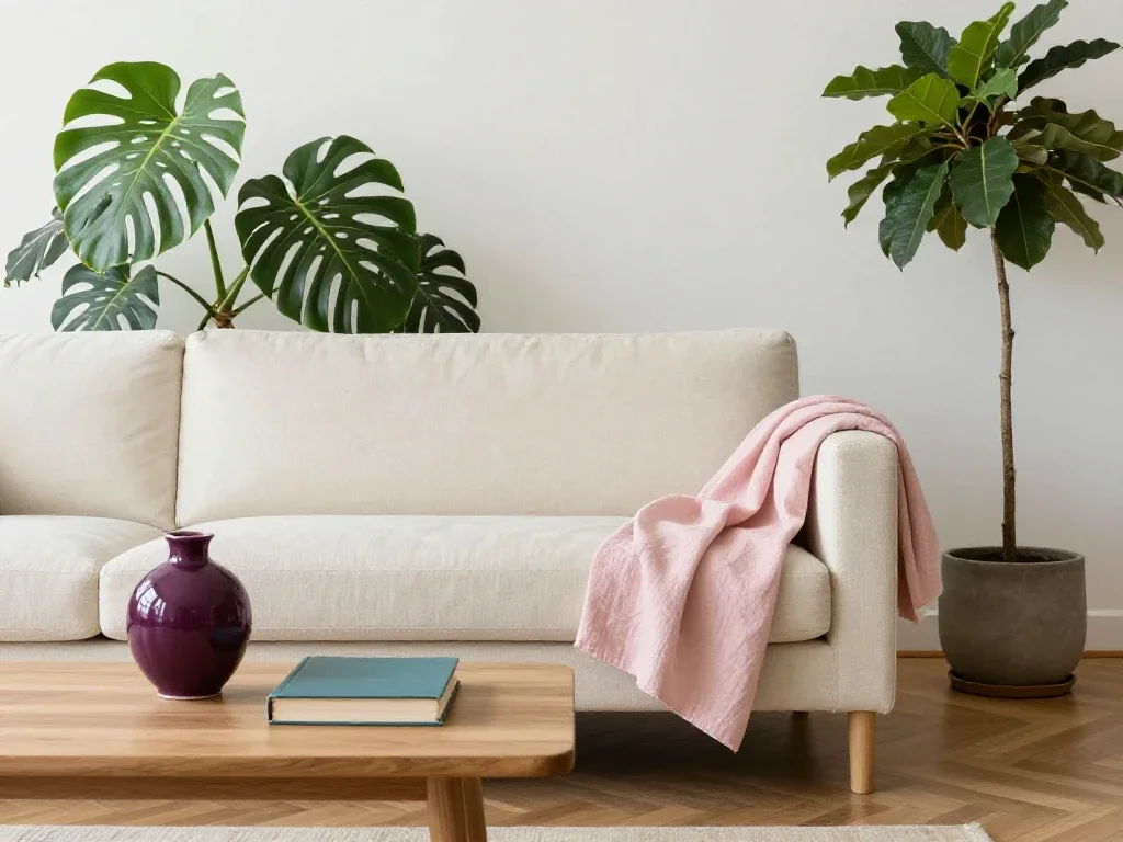 Salon lumineux avec canapé beige et plantes pour illustrer des choix d'aménagement intérieur.