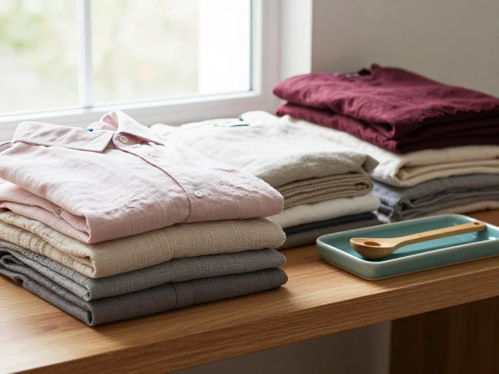 Piles de vêtements en lin sur une étagère, illustrant le choix méticuleux de matières durables.